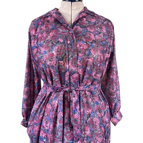 Unicorn 70s Vintage Plus Size 18 Zip Front Long Sleeve Floral Dress with Pockets - Picture 4 of 8